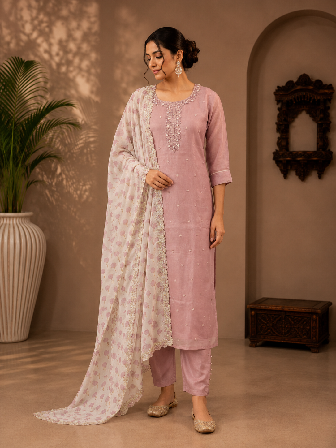 Blush Pink Vichitra Silk Straight Suit Set with Printed Dupatta